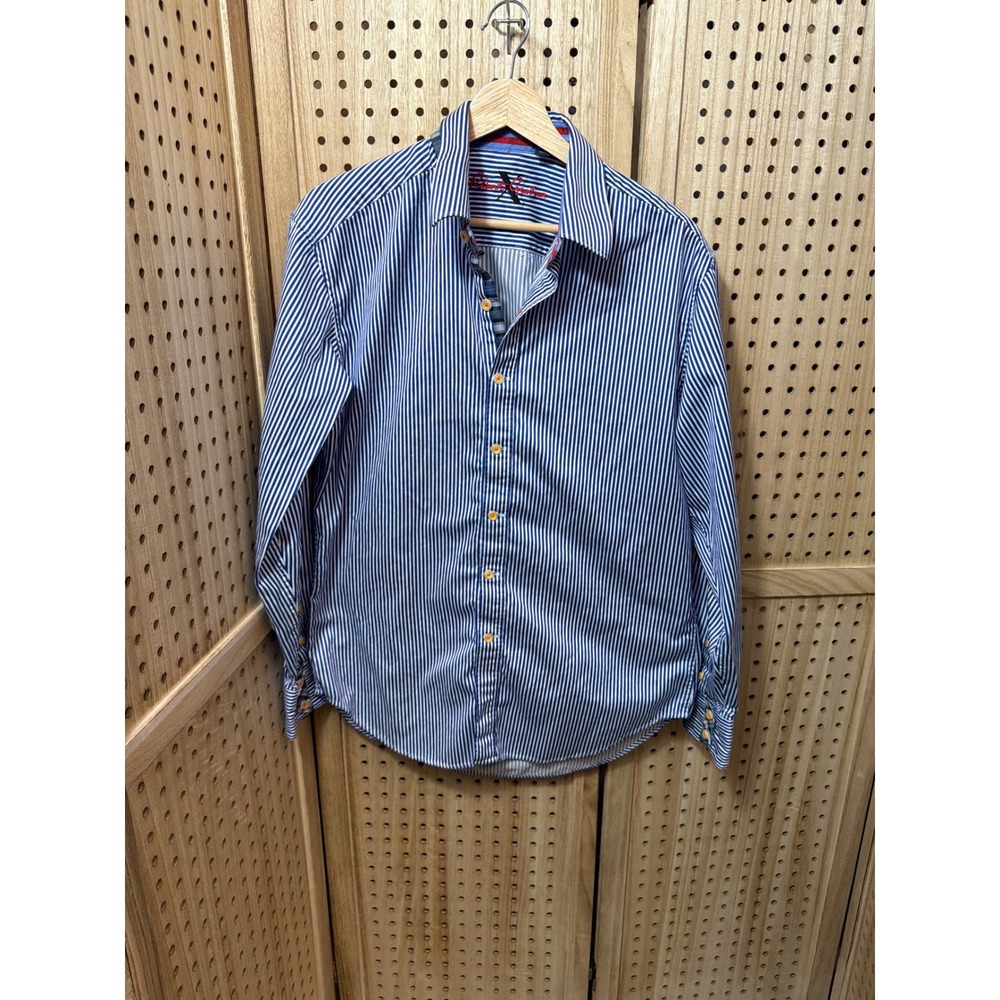 Robert Graham Mens Blue White Striped Button Down Shirt Long Sleeve Size Medium